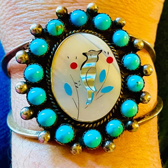 2XHP💕Vintage Navajo MOP Turquoise Inlay .925 Cuff - Picture 6 of 7